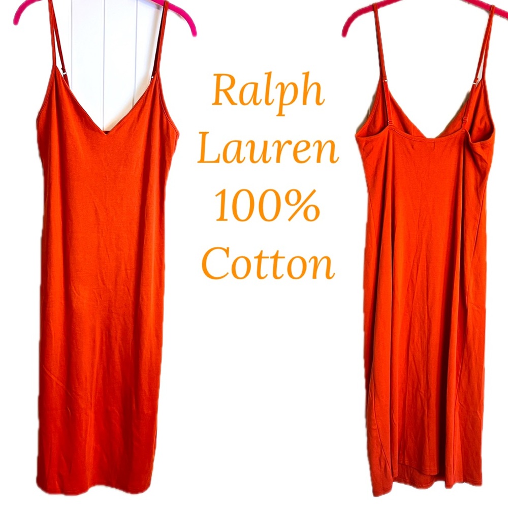Ralph Lauren SZ Large 100% CottenKnit OrangeTones Midi Spaghetti strap SlipDress